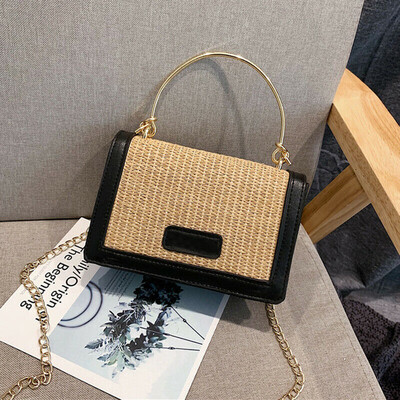 

New Style Women Handbag Small Crossbody Patchwork Chains Handbag Straw Hasp Purse Bag with Chain Shoulder Strap Fashion 2019 Hot