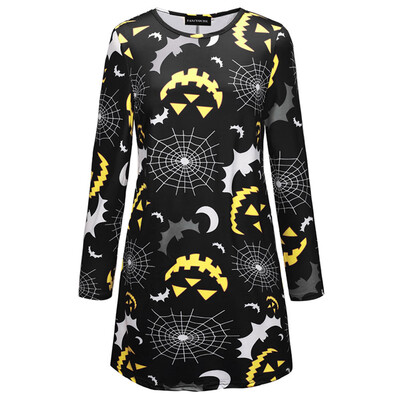 

Fashion Women Halloween Long Sleeve Dress Pumpkin Skull 3D Print Dress Round Collar Casual Festival Dresses