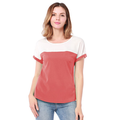 

Patchwork Color Women Shirt Chiffon Blouse O Neck Summer Ladies Shirts Stripe Color Short Sleeve Loose Tops Red Green Blue