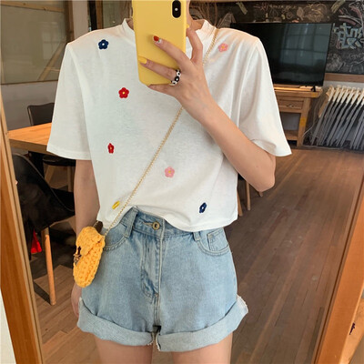 

Solid Floral Print Tee Top Women O-Neck Short Sleeve Short T-Shirts Ladies Pullover Loose T-Shirt Femme