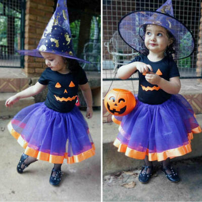 

US Infant Baby Girl Kid Pumpkin Tulle Tutu Dress T-shirt Halloween Costume Set