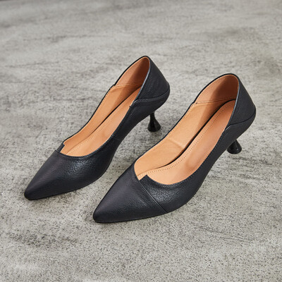 

Leather high heel women soft noodle cup with shallow mouth single shoes black work shoes a generat