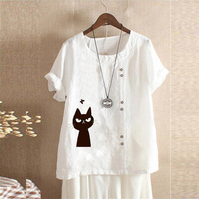 

Starmoon Plus Size Women Short Sleeve Cotton Linen O-Neck Print Blouse Top T-Shirt