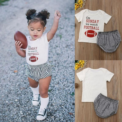 

Toddler Baby Girls Football Letter Outfits Clothes Summer T-shirt Stripe Shorts