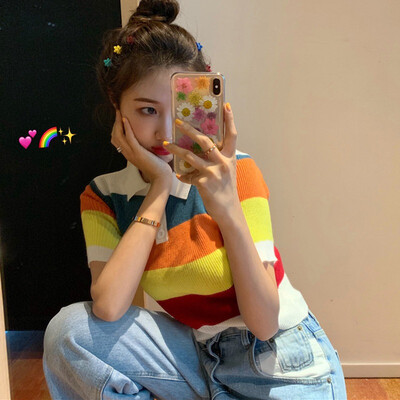

ladies striped sweater for spring summer korean sweater woman summer short sleeve FLOWER RAINBOW KNITTED SHIRT women