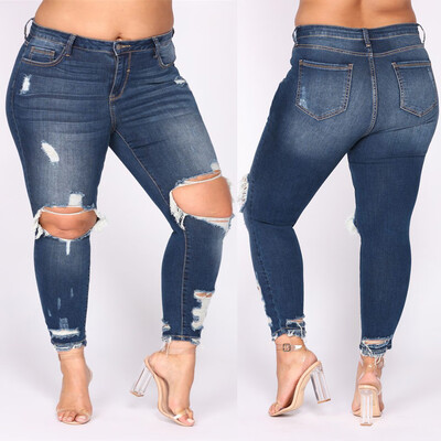 

Tailored Fashion Womens Plus Size Pocket Hole Denim Button Zipper Sexy Slim Pants Jeans