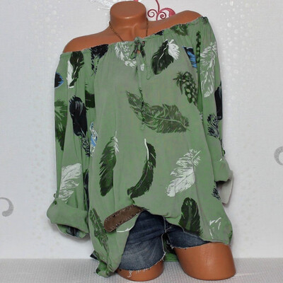

Nomeni Women Casual Cold Off Shoulder Feather Print Daily Long Sleeve Tops Shirt Blouse