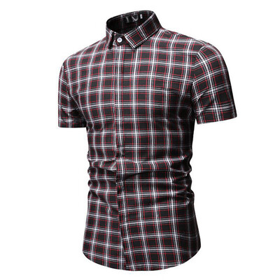 

Tailored Mens Summer Fashion Casual Striped Plaid Lapel Short Sleeve Top Blouse
