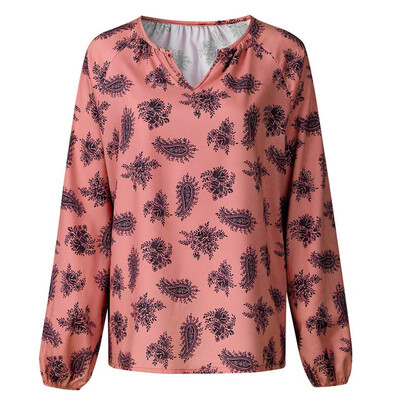 

Womens Autumn V-neck print tee long-sleeved loose comfortable T-shirt wild floral chiffon ladies tshirt