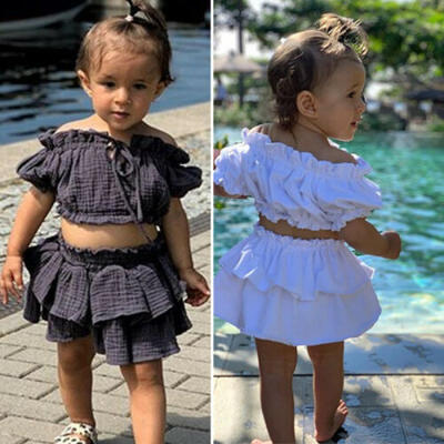 

US Toddler Kid Baby Girl off Shoulder Top Skirts Ruffle Dress Outfit Clothes Set