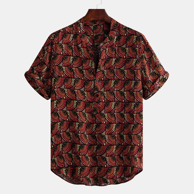 

Toponeto Mens Vintage Ethnic Printed Stand Collar Short Sleeve Loose Comfy Shirts