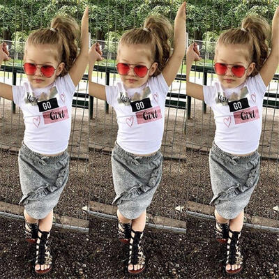

Newborn Kid Baby Girls Cotton Tops T-shirt Denim Skirts Dress Outfit Clothes