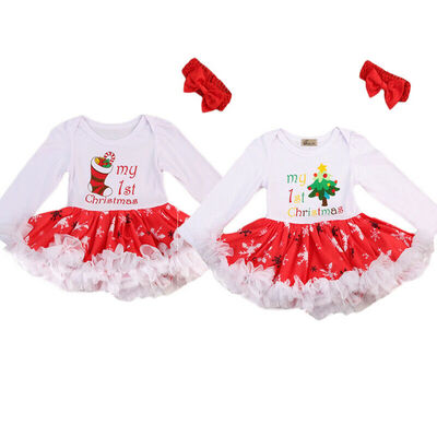 

Baby Girls My 1st Christmas Romper Dress Bodysuit Bowknot Headband Outfits Set