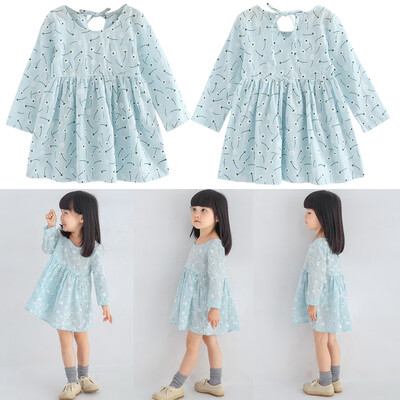 

Kids Girls Long Sleeve Flower Print Dress Soft Cotton Princess Dress