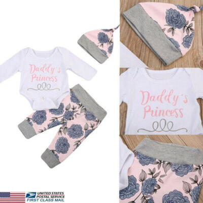 

US Autumn Baby Girls Floral Printed Romper Top Pants Hat 3pcs Outfits Set