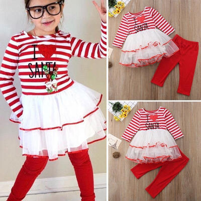 

Newborn Kids Baby Girls Christmas Lace Stitching Stripes Dress Long Pants 2Pcs Outfits Set