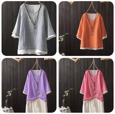 

2019 new fake double-layer color matching ultra-thin retro literary fan seven-point sleeve loose T-shirt Chinese style cotton and