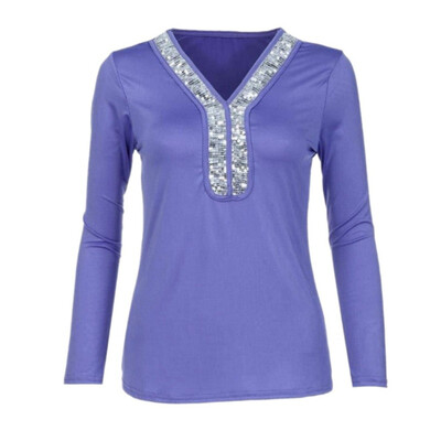 

Women Fashion Sequined Patchwork Tshirt Casual Long Sleeves V Neck Elegant Tshirt Female Autumn Winter Tops Clothing