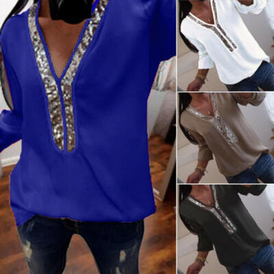 

Women Clubwear Sequin V Neck Long Sleeve Tops Casual T-Shirt Blouse Plus Size