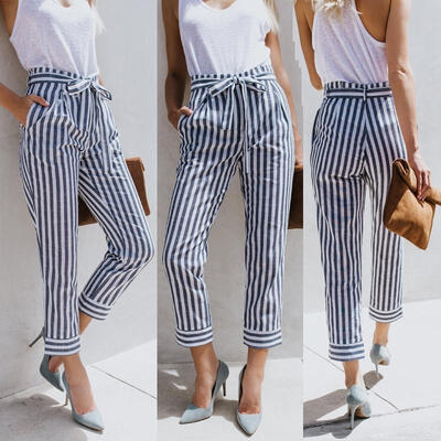 

Women´s Long Pants High Waist Elastic Striped Casual Trousers