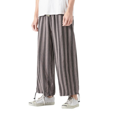

Gobestart Fashion Men Multi Color Striped Cotton Linen Long Pants Casual Trousers