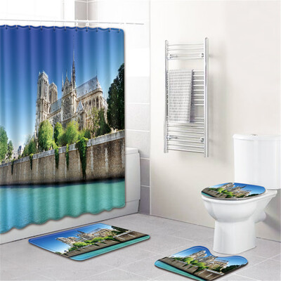 

Gobestart Waterproof Bathroom Shower Curtain Set Non-Slip Rug Toilet Lid Cover Bath Mat