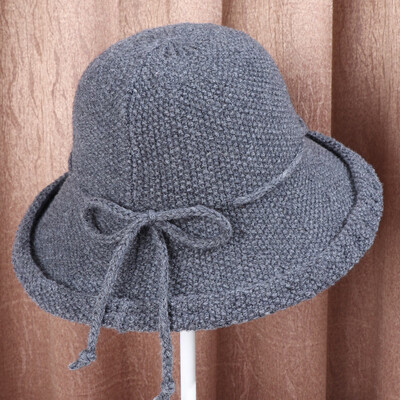 

2019 autumn&winter new Korean knitted woollen hat pure color lady turn over the rope bow warm the basin cap