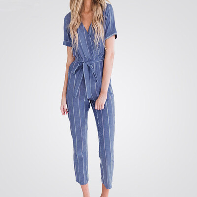 

Starmoon Women V-Neck Short Sleeved Cotton Linen Striped Plus Size Loose Belt Jumpsuit