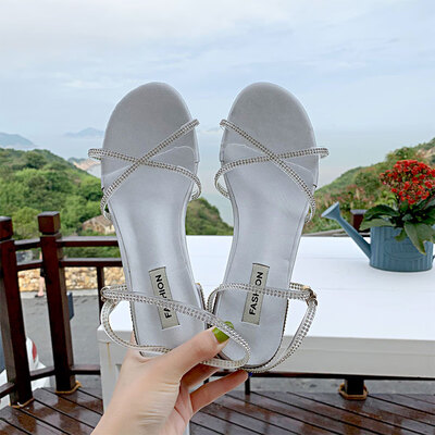 

Sandals female ins tide summer thick heel fashion Joker fairy wind word with rhinestone heels