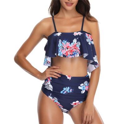 

Saidsome Women Padded Ruffles Leaves Print Beach High Waist Suit Bikini Swimwear Plus