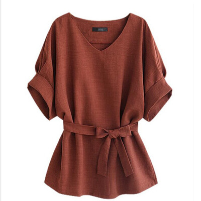 

Women Female Linen V-neck T-shirt Good Selling Short Batwing Sleeve Stylish Lose T-shirts