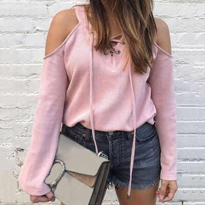 

2019 Autumn Women Sexy Off shoulder V-neck Long sleeve Candy colors lacing T-shirt