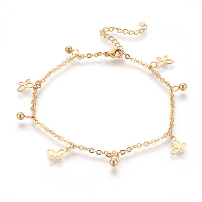 

304 Stainless Steel Charm Anklets Butterfly&Round Golden 9-14"235cm 2mm