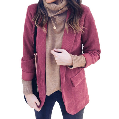 

2019 Women Fashion Solid color Decorative pocket Lapel Long sleeve Loose Suit Coat