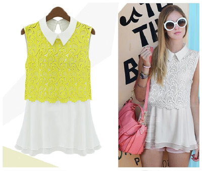 

Fashion Women Chiffon Blouse Crochet Lace Turn-down Collar Sleeveless Top Cute Slim Shirt Yellow