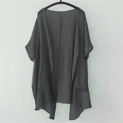 

Women Soft Thin Tops Pure Colors Breathable Short Sleeve Chiffon Pocket Outwear