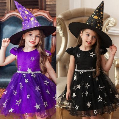 

Kids Baby Girls Halloween Clothes Sleeveless Party Lace Dress Witch Hat Outfit