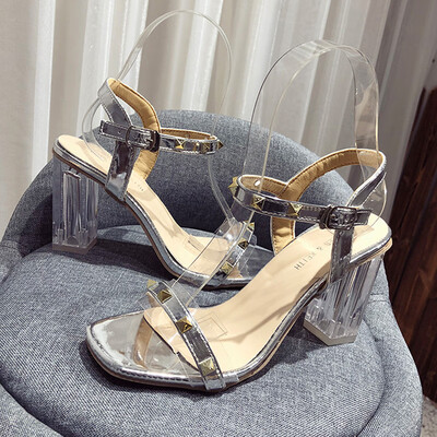 

Transparent Rough-heeled Sandals Rivet Roman Womens Shoes Summer Baitie Fairy Open-toed Crystal High-heeled Shoes