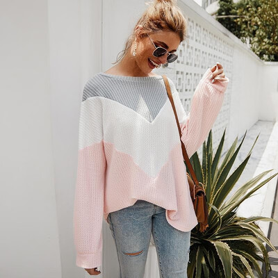 

Fashion Women Autumn Splicing Knitted Sweater O Neck Long Sleeve Loose Casual Sweet Pullover Knitwear
