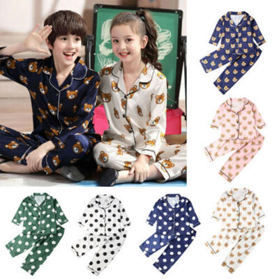 

2Pcs Kid Baby Boy Girl Silk Satin Pajamas Set Long Sleeve Sleepwear Nightwear