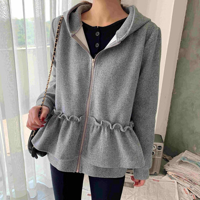 

Tailored Women Solid Outerwear Ruffle Pleated Jacket Zipper Long Sleeve Hooded Coats