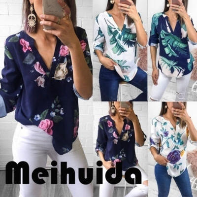 

Floral Womens Rolled Sleeve V neck TopsSummer Casual Blouse Shirt