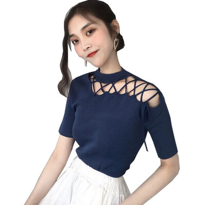 

2018 Summer T Shirt Women Irregular Collar Hollow Knitted Short Sleeves Tee Shirt High Elasticity Breathable Top Female Tshirt