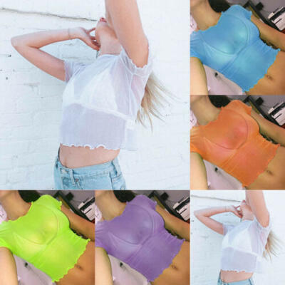 

Women Sheer Mesh Fish Net Short Sleeve Turtle Neck See Crop Top T-Shirt Blouse