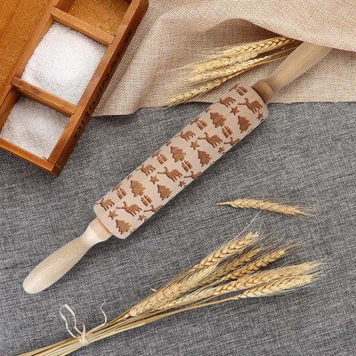 

Toponeto Christmas Rolling Pin Engraved Carved Wood Embossed Rolling Pin Kitchen Tool