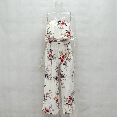 

Sexy Women Two-piece Set Strapless Crop Top Wide Leg Pants Floral Striped Print Split Beach Boho Suits Outfits WhiteRedBlue