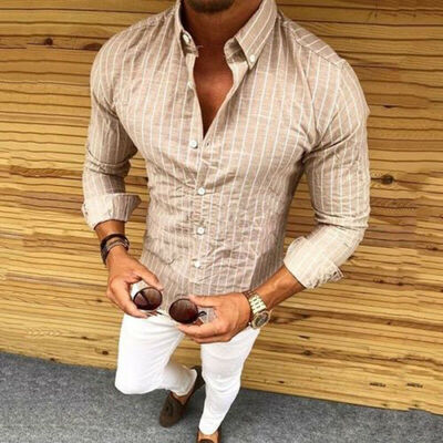 

Luxury Mens Slim Fit Shirt Long Sleeve Stylish Stripe Formal Casual T-shirt Tops