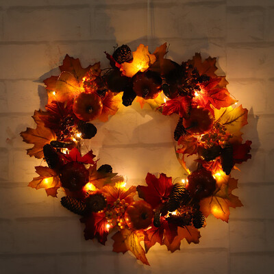 

〖Follure〗Pumpkin Harvest Silk Fall Front Door Wreath Front Door Decor with LED Srting