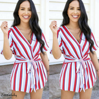 

Women Stripe V Neck Beach Wrap Boho Mini Dress Ladies Summer Sundress Holiday