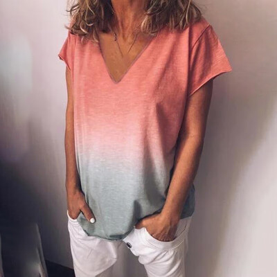 

Women V-neck Gradient Summer Top Short Sleeve Blouse Casual Tops T Shirt 2019